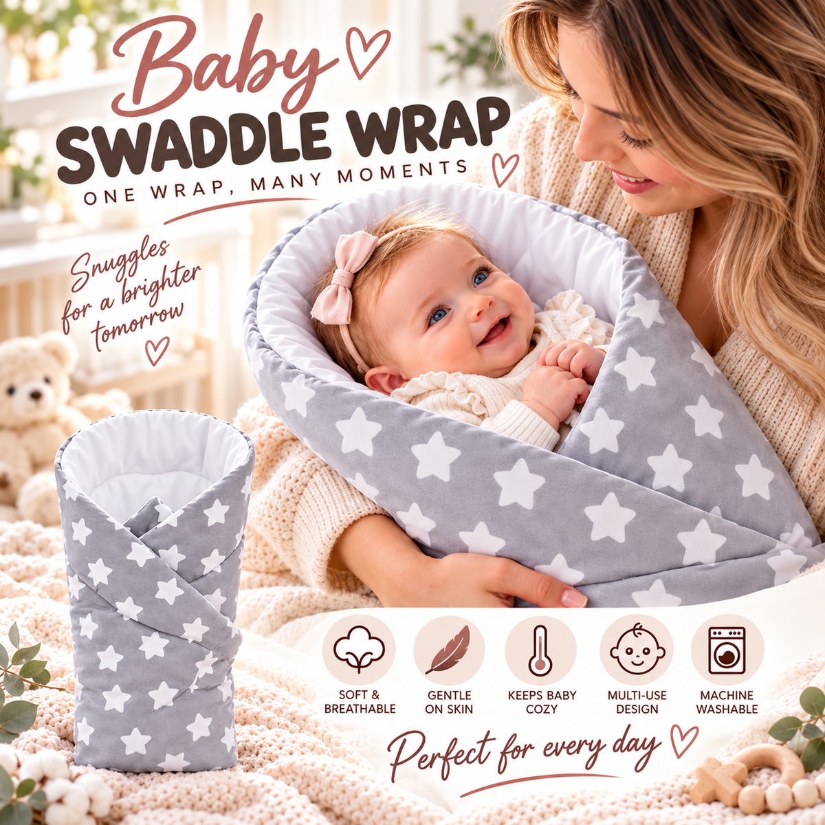 Baby Swaddle Wrap Newborn Bedding Blanket 100% Cotton Sleeping Bag Big White Stars On Grey - MyHappy Baby