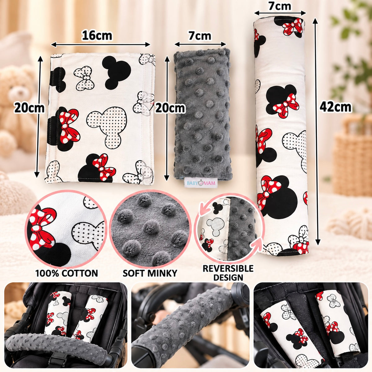 3 Piece Soft Padded Reversible Pushchair Stroller Strap Pads & Bumper Bar Cover Set – Graphite/Mouse
