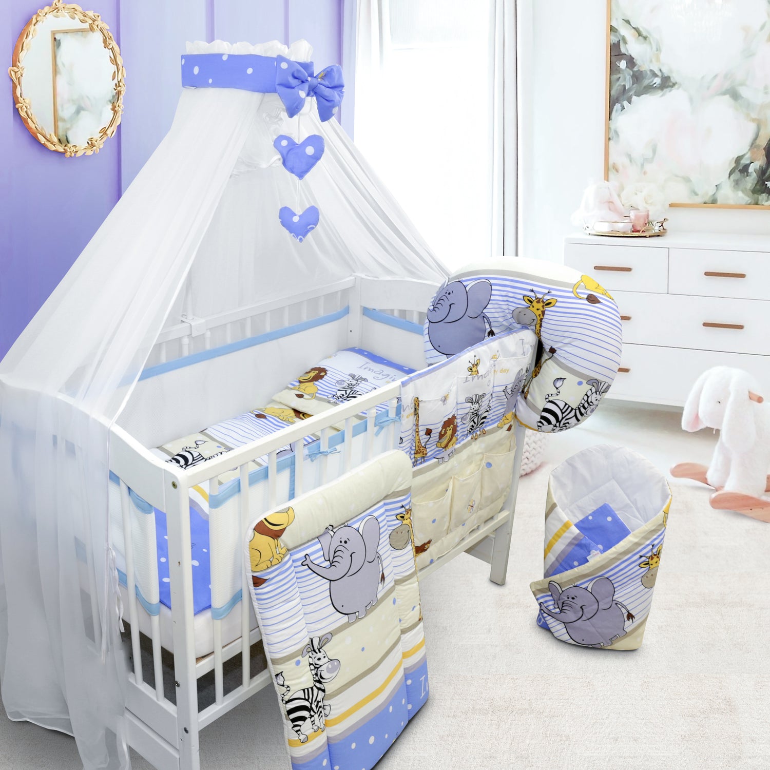 Baby Cotbed Bedding Set 14Pc Fit Cot 140x70 Safari Blue
