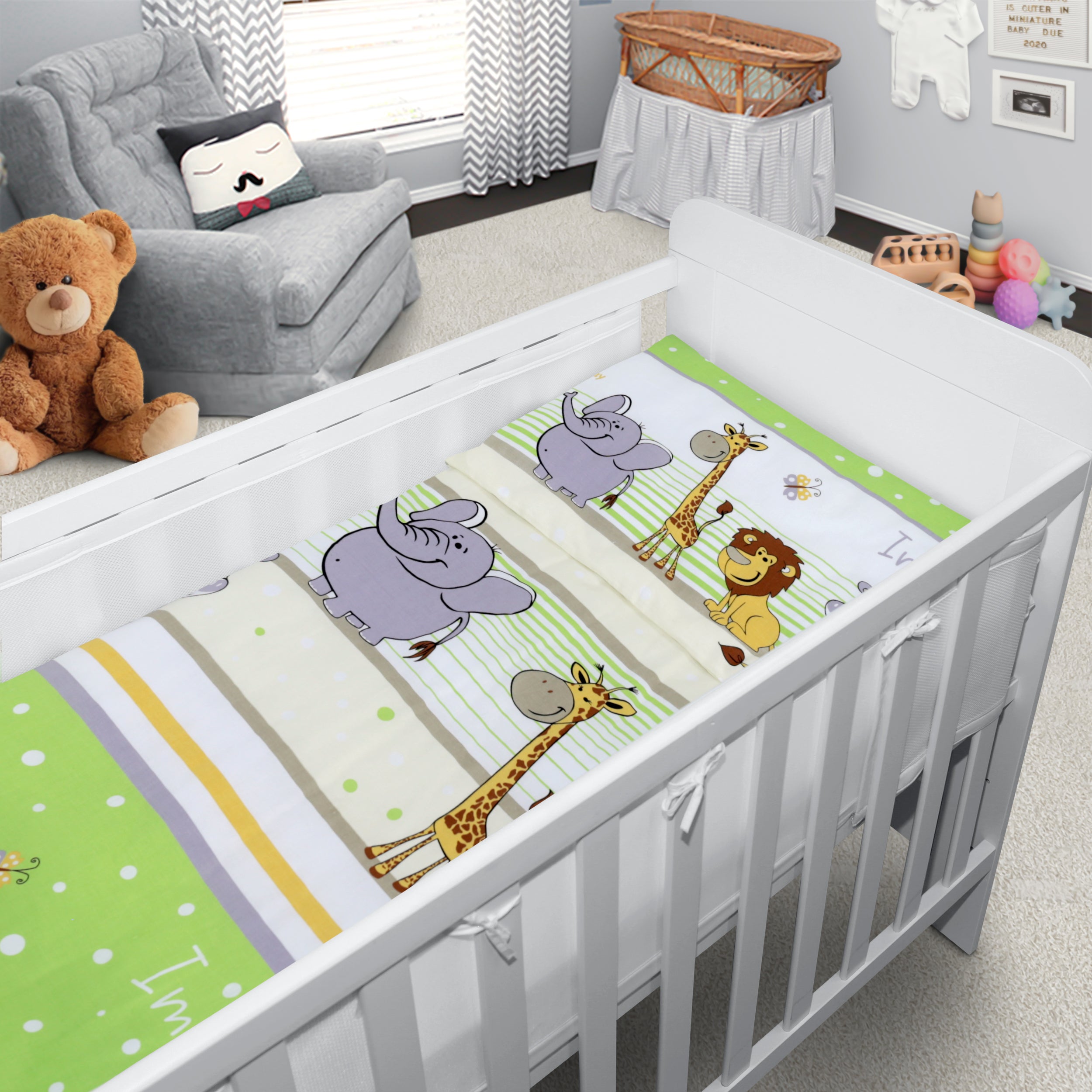Baby Cot Bedding Set 3Pc Fit Cot 120x60cm Safari Green – MyHappy Baby