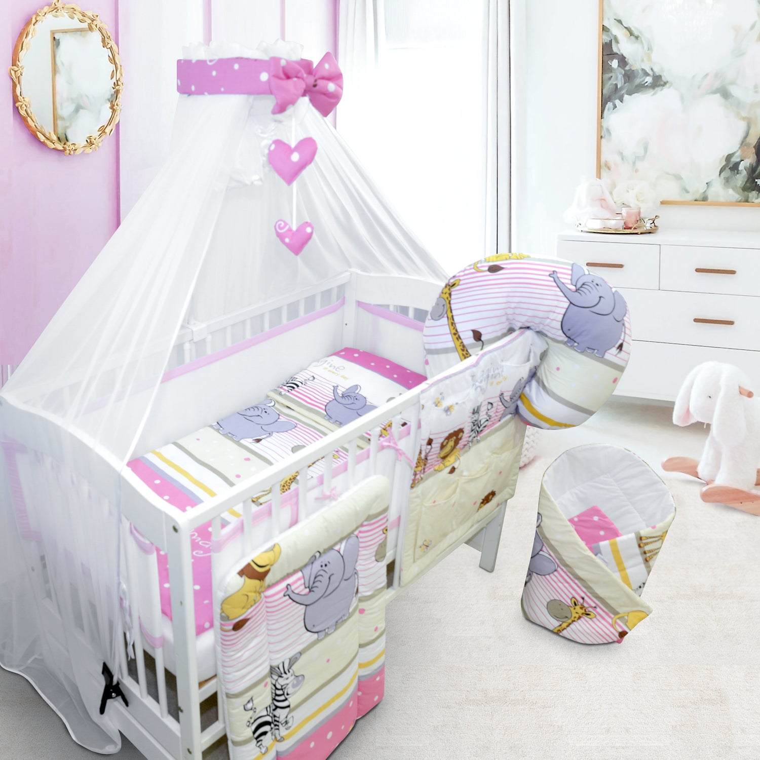 Baby Cot Bedding Set 14Pc Fit Cot 120x60cm Safari Pink