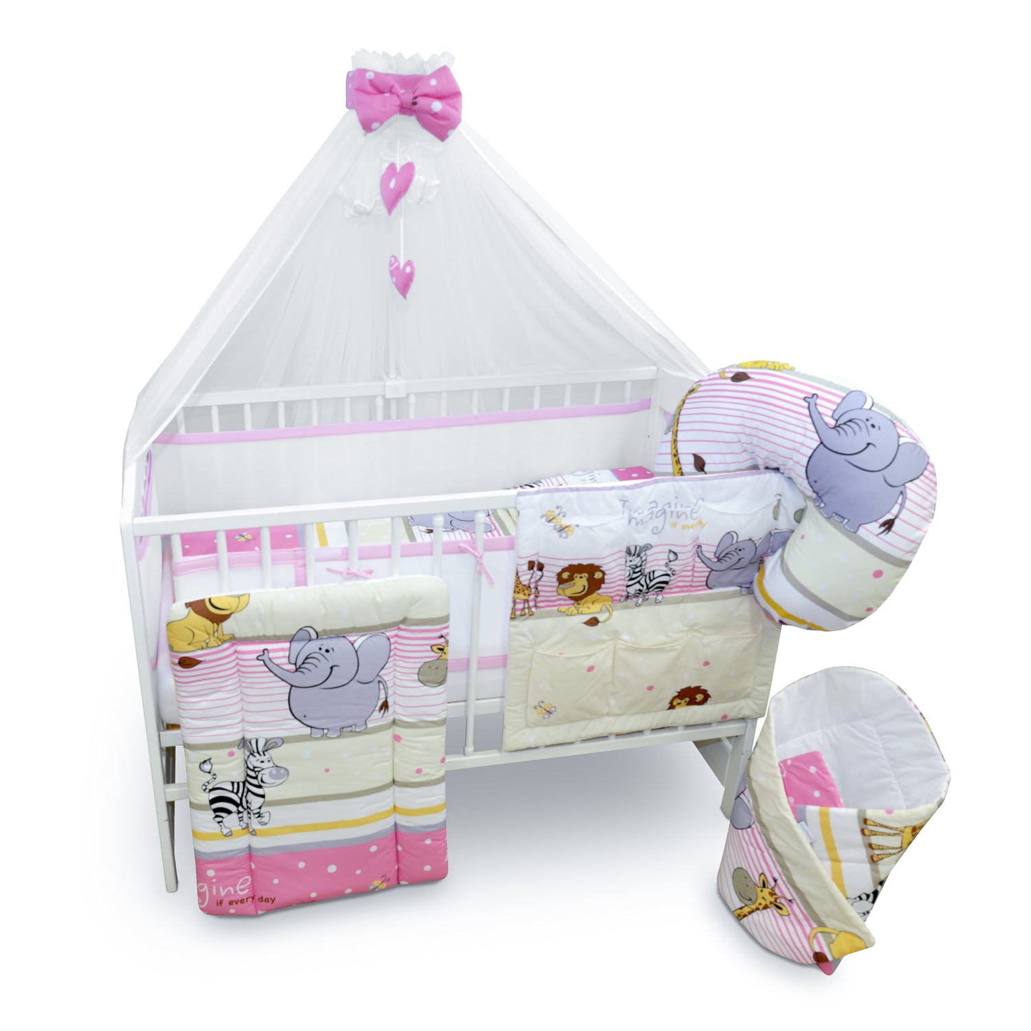 Baby Cot Bedding Set 14Pc Fit Cot 120x60cm Safari Pink