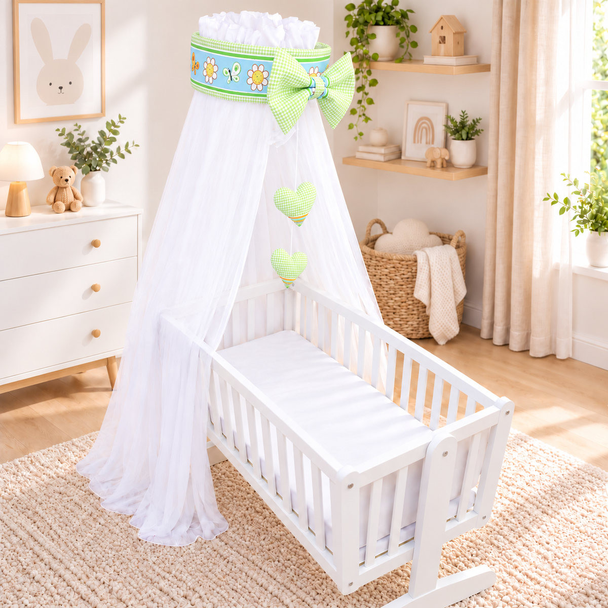 Baby Crib Canopy Mosquito Net with Holder, Decorative Bow & Hanging Hearts – Dino Green