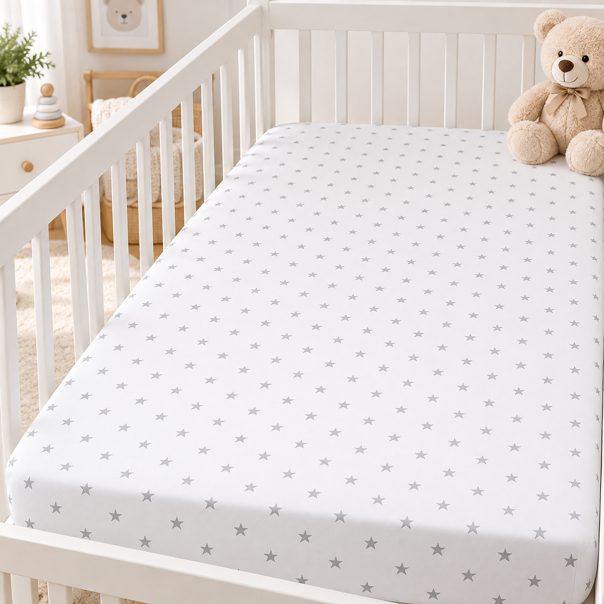 Baby Fitted Cot Bed Sheet Printed 100% Cotton Mattress 140x70cm Small Grey Stars On White