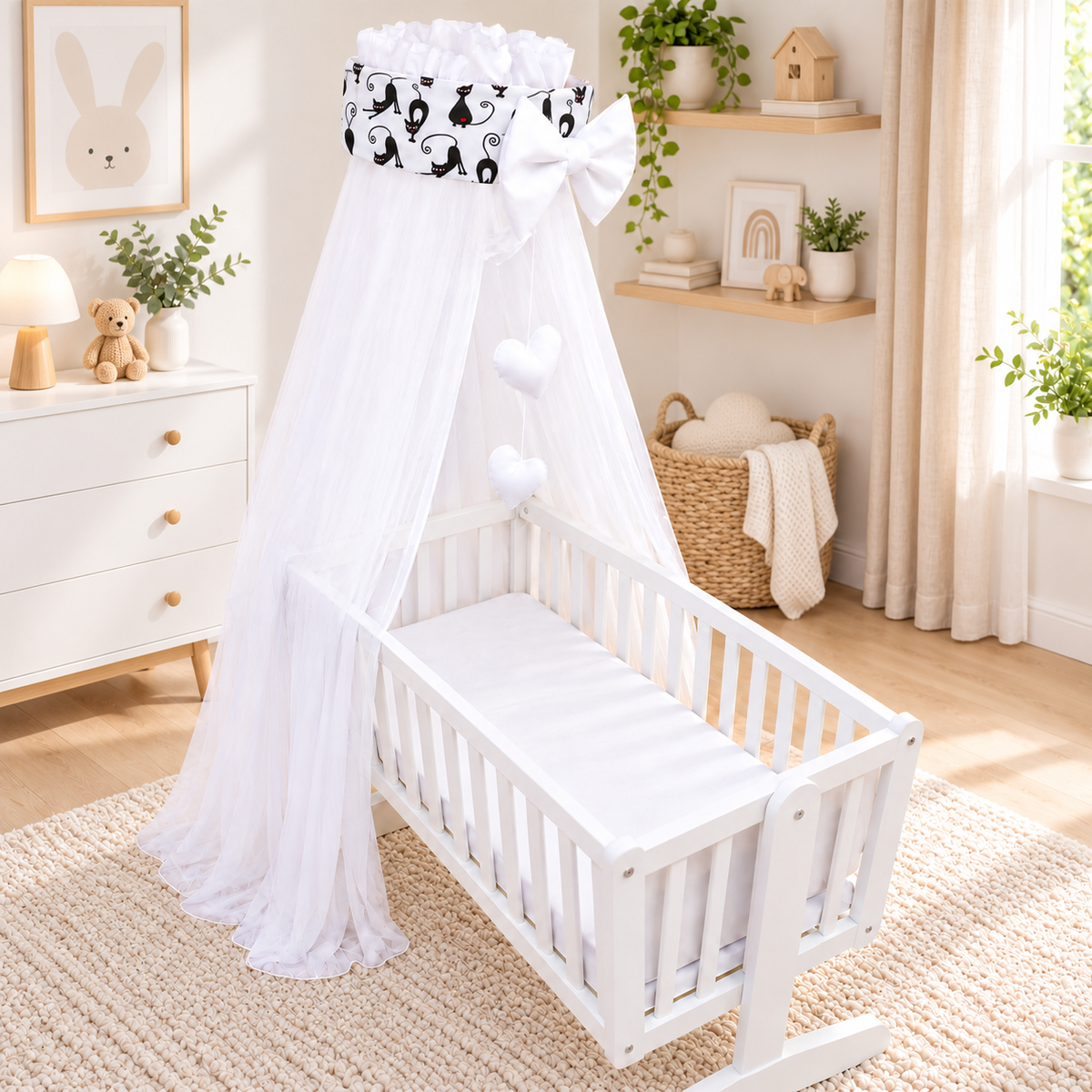 Baby Crib Canopy Mosquito Net with Holder, Decorative Bow & Hanging Hearts – Black Cat