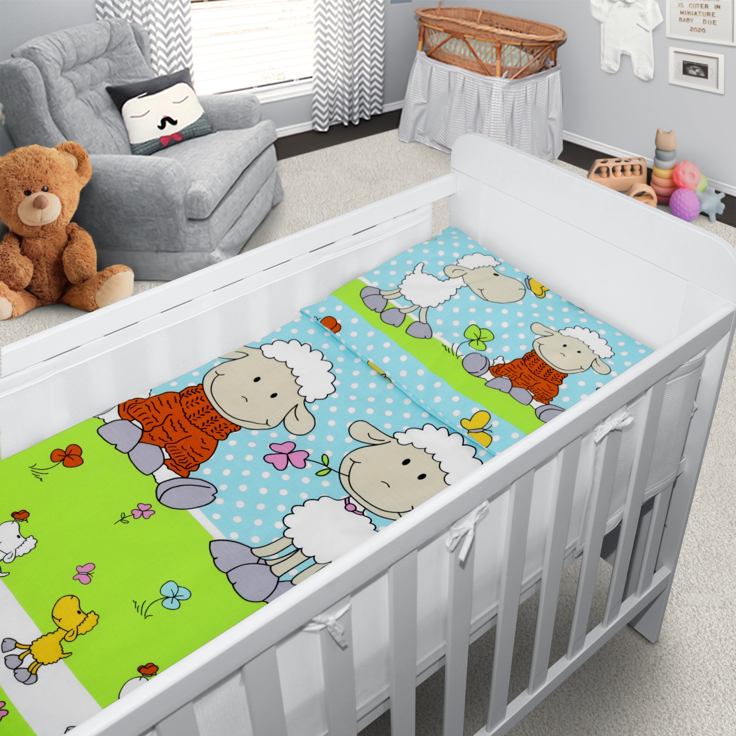 Baby Cot Bedding Set 3Pc Fit Cot 120x60cm Sheep Turquiose