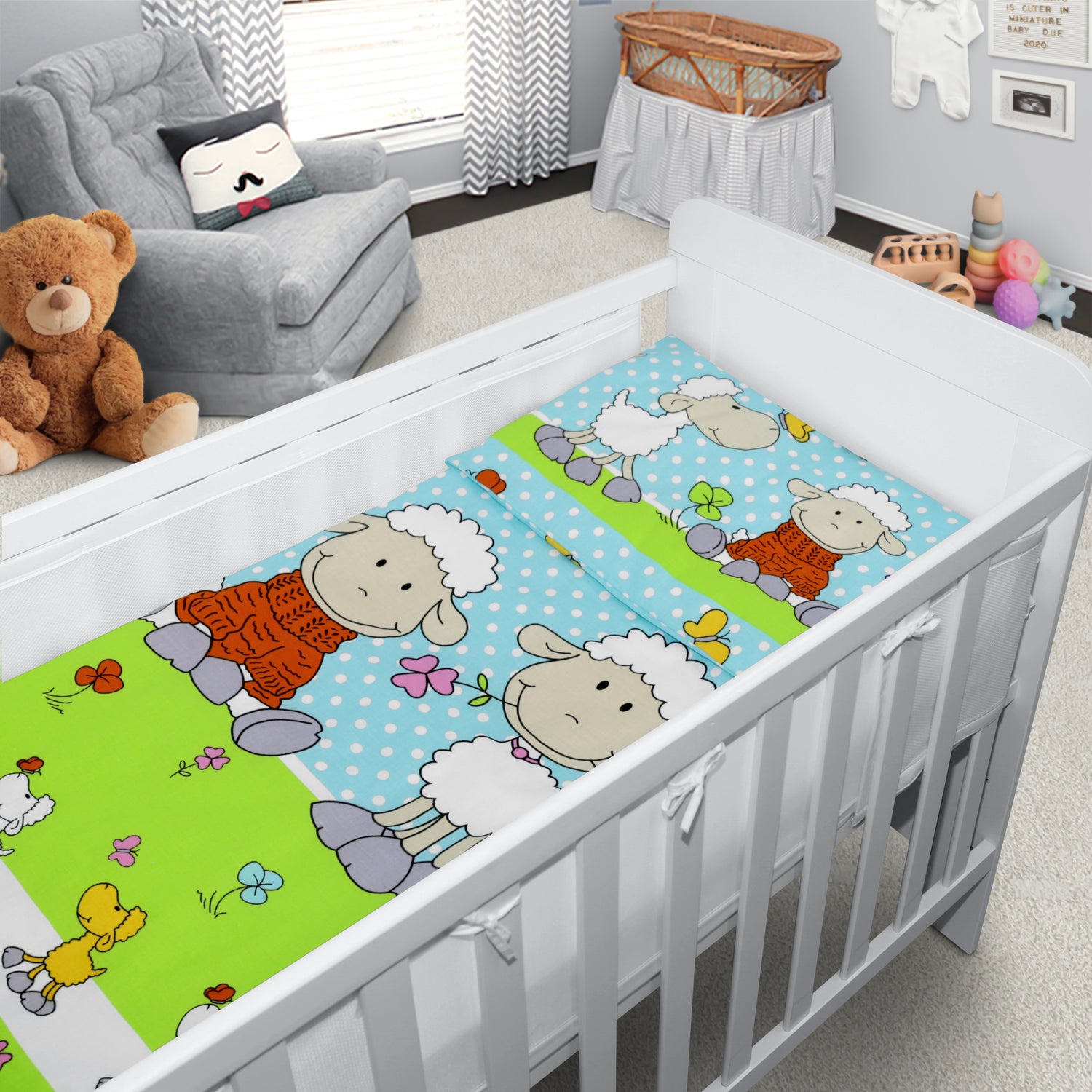 Baby Cot Bedding Set 5Pc Fit Cot 120x60cm Sheep Turquiose