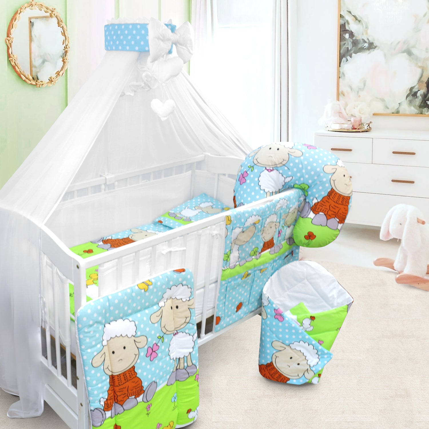 Baby Cot Bedding Set 14Pc Fit Cot 120x60cm Sheep Turquiose