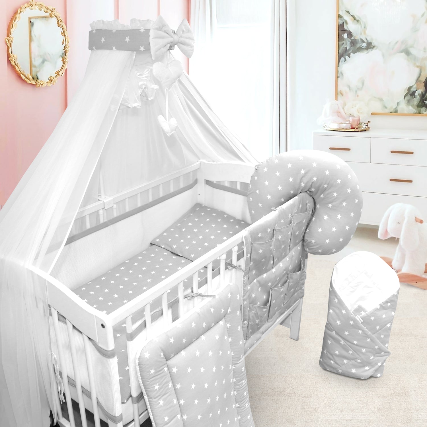 Baby Cotbed Bedding Set 14Pc Fit Cot 140x70 Small white on grey