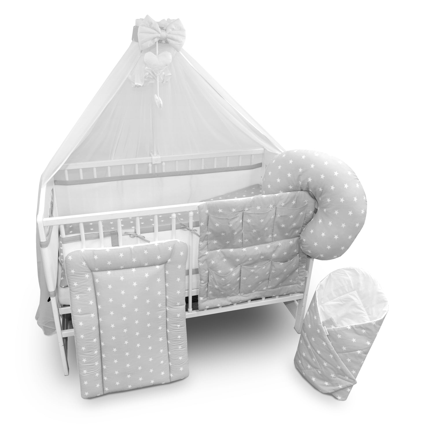 Baby Cot Bedding Set 14Pc Fit Cot 120x60cm Small white on grey