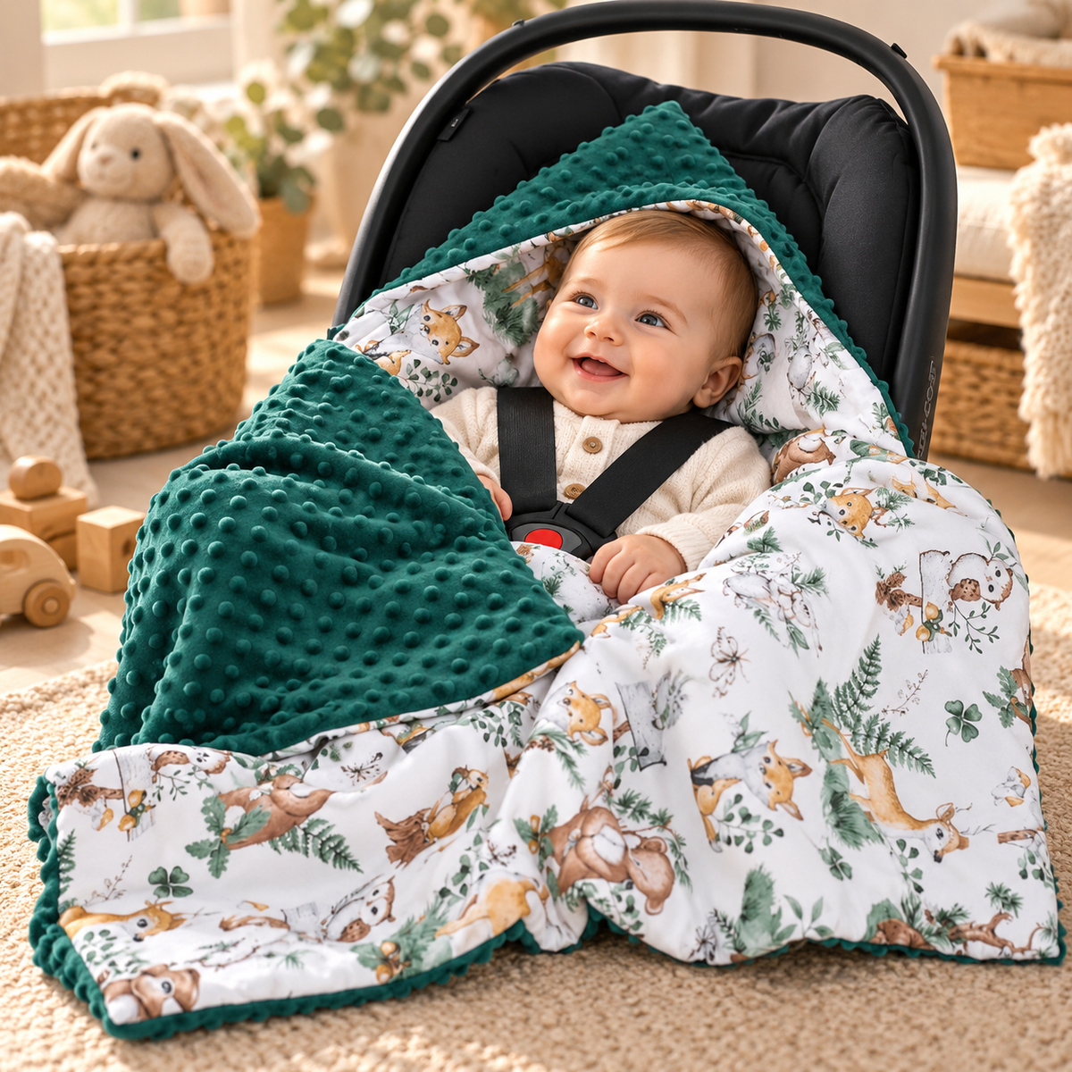 Baby Car Seat Hooded Blanket Double-sided Snuggle Swaddle Wrap Green / Animals in the Forest