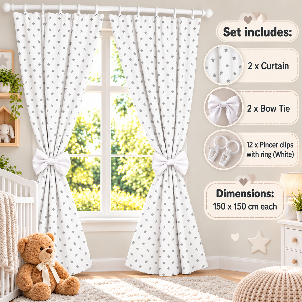 Nursery Curtains for Babies & Toddler's Bedroom Small grey stars on white