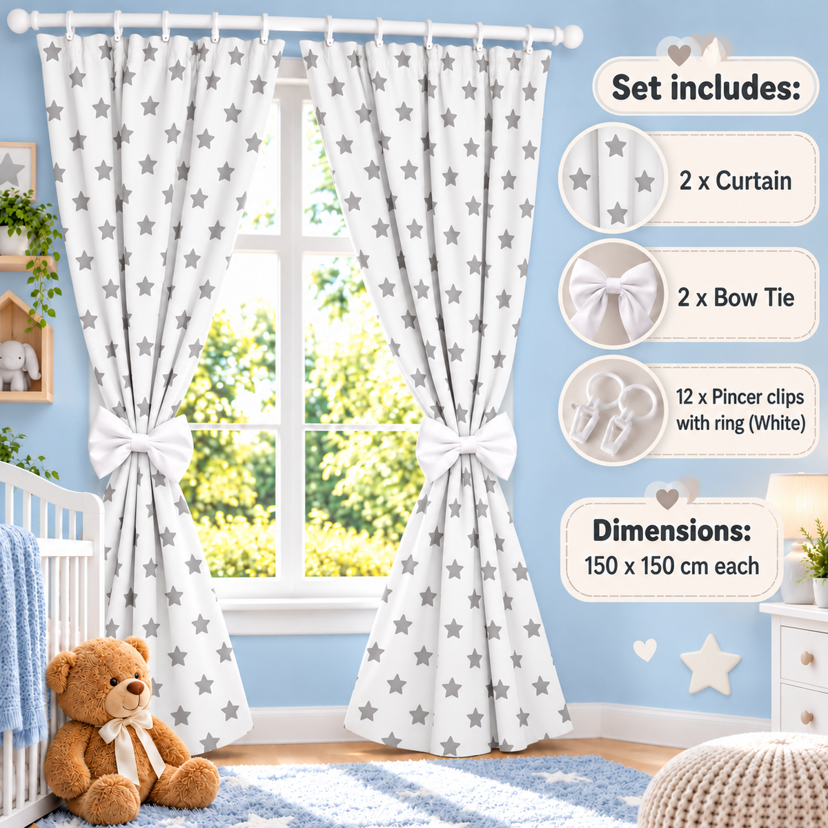 Nursery Curtains for Babies & Toddler's Bedroom Big grey stars on white