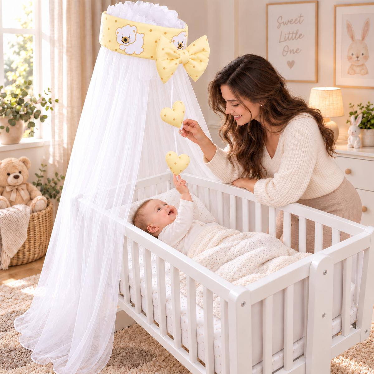 Baby Crib Canopy Mosquito Net with Holder, Decorative Bow & Hanging Hearts – Teddy & Fish cream