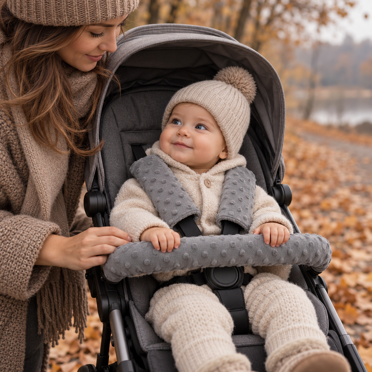3 Piece Soft Padded Reversible Pushchair Stroller Strap Pads & Bumper Bar Cover Set – Graphite/Dots