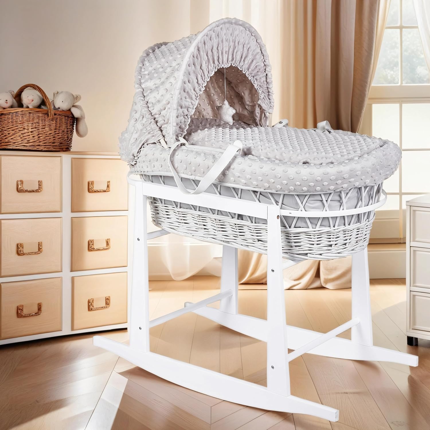 Babymam Luxury Moses Basket – Wicker With Padded Cotton Lining & Rocking Stand (Unisex)