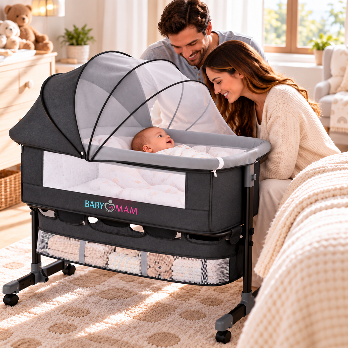 BABYMAM Milo Folding Bedside Crib with Mattress, Mosquito Net & Storage Basket – Grey
