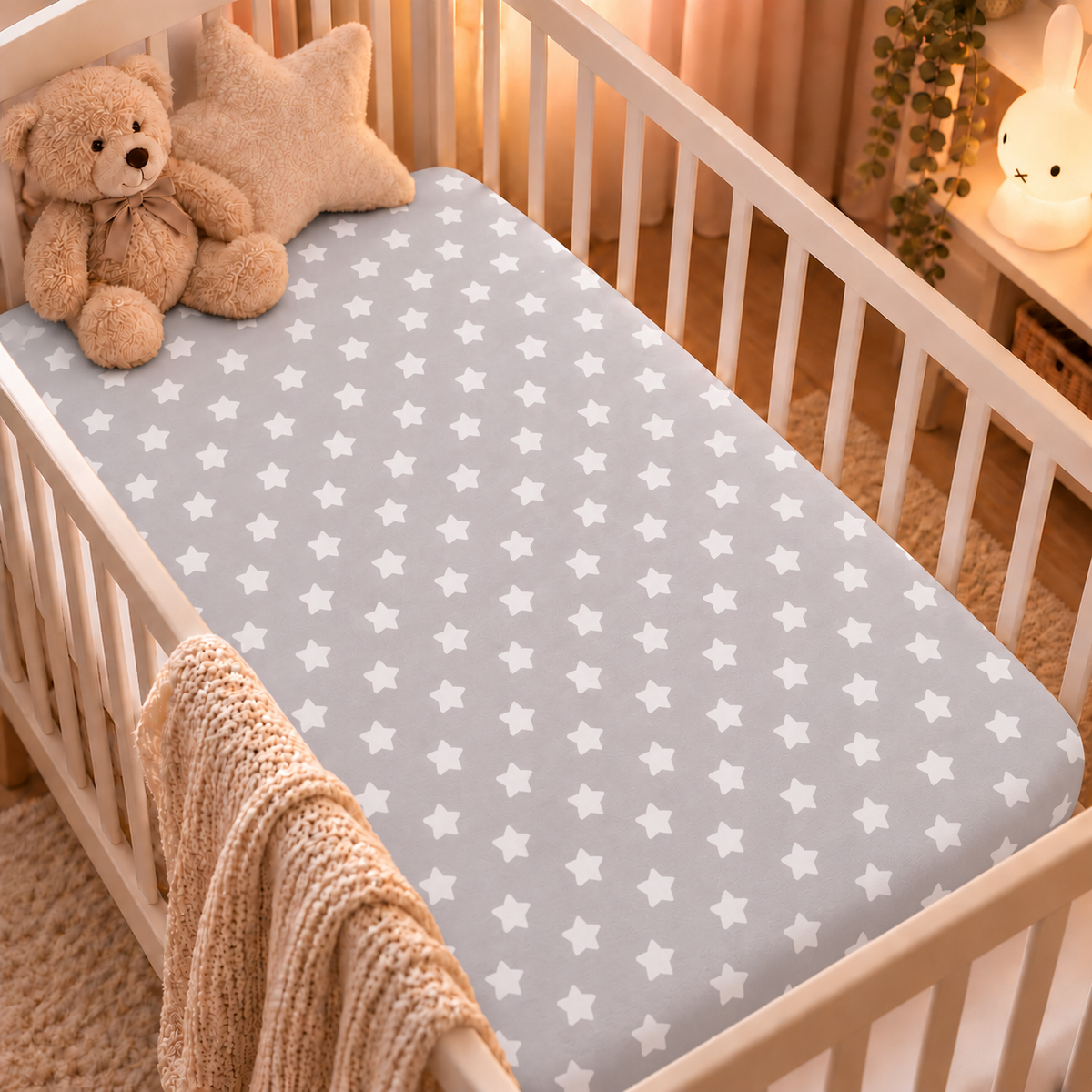 Baby Fitted Cot Bed Sheet Printed 100% Cotton Mattress 140X70cm Big White Stars On Grey - MyHappy Baby