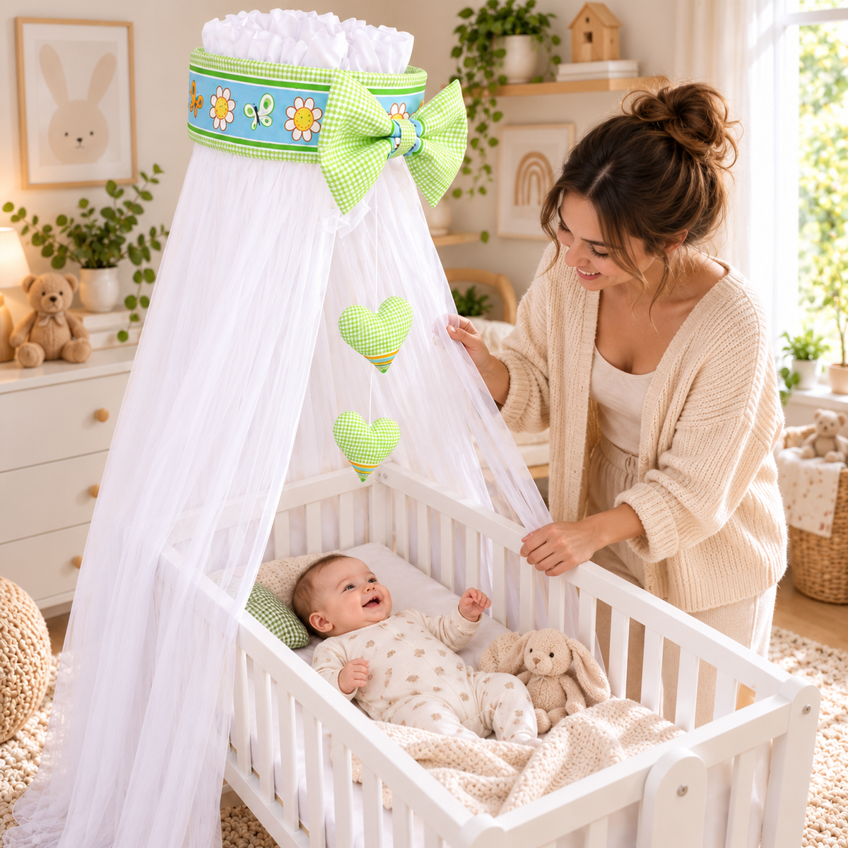 Baby Crib Canopy Mosquito Net with Holder, Decorative Bow & Hanging Hearts – Dino Green