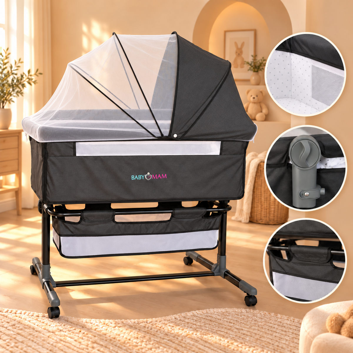 BABYMAM Milo Folding Bedside Crib with Mattress, Mosquito Net & Storage Basket – Grey