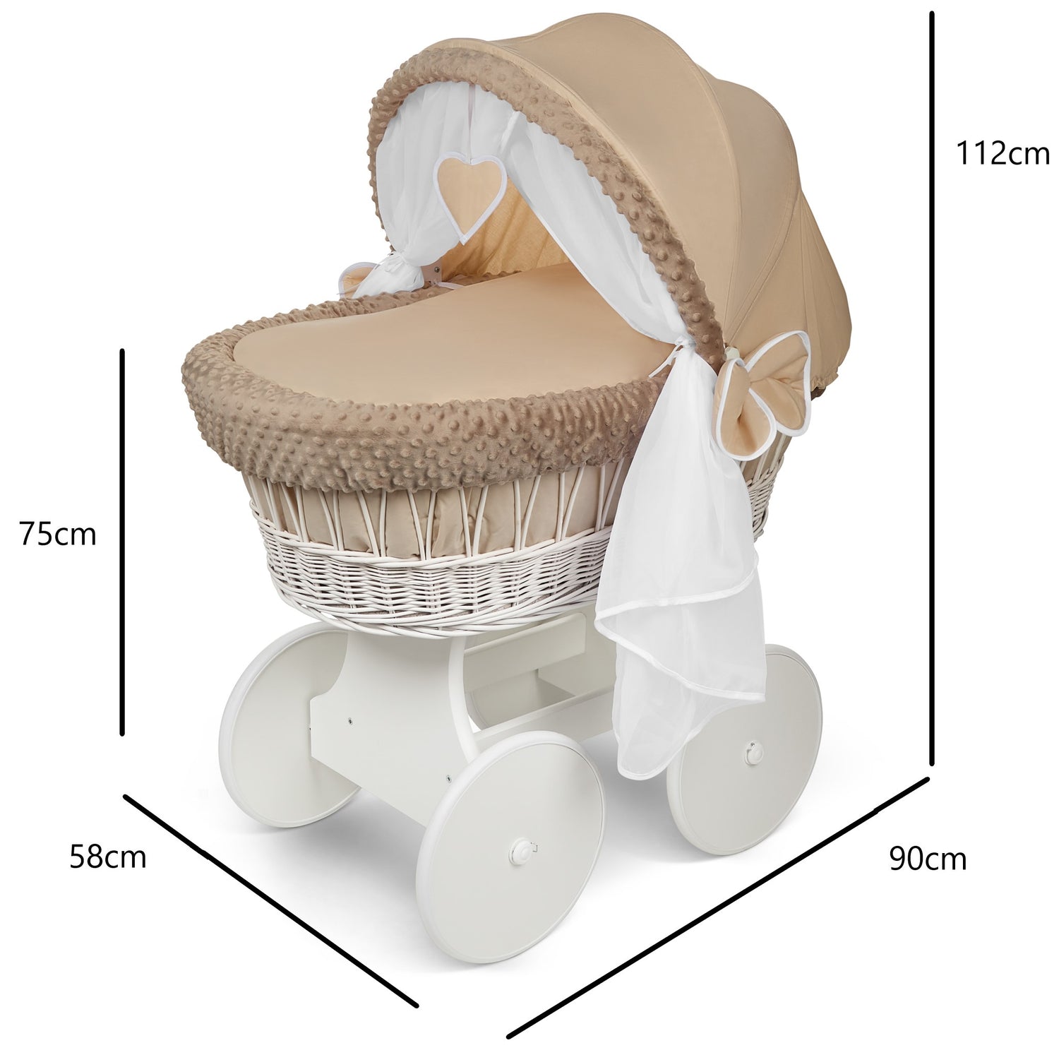 White Wicker Moses Basket Hood Wheels Baby Beige