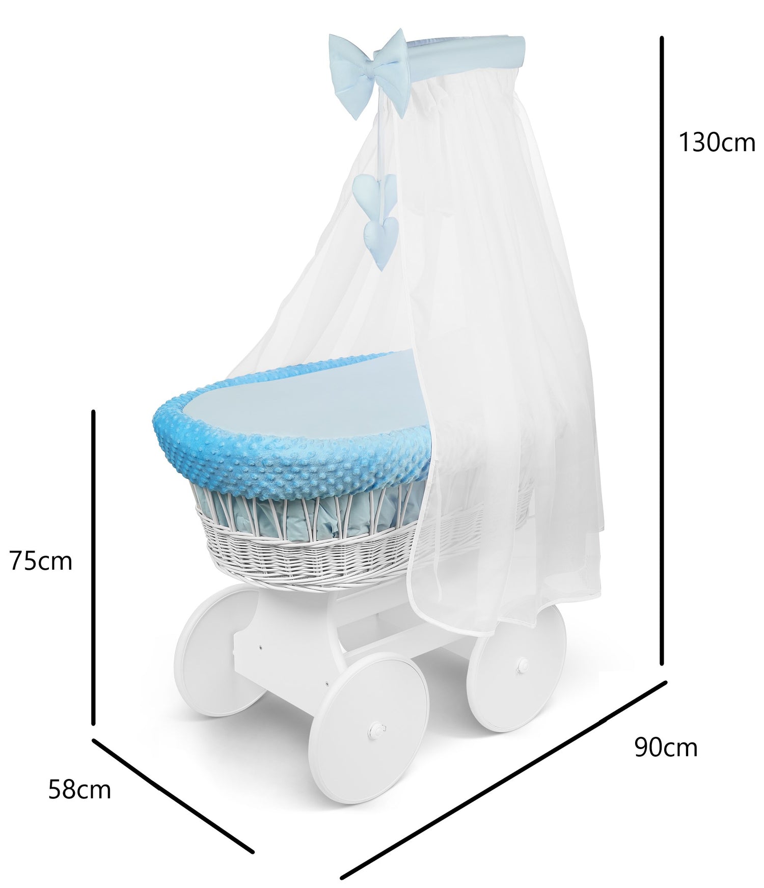 White Wicker Baby Moses Basket with Wheels Blue
