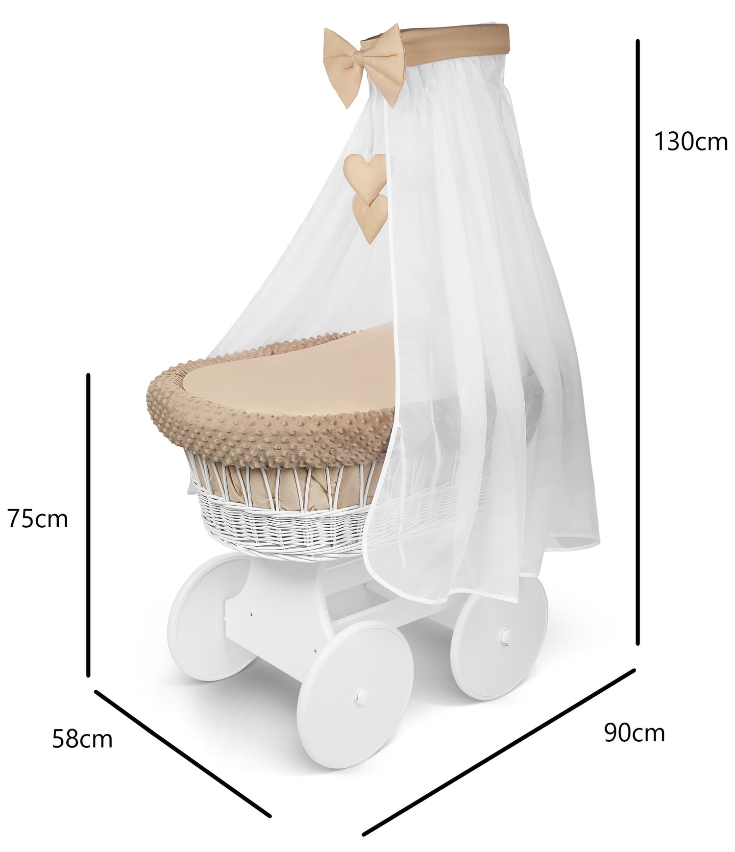 White Wicker Wheels Baby Moses Basket Beige