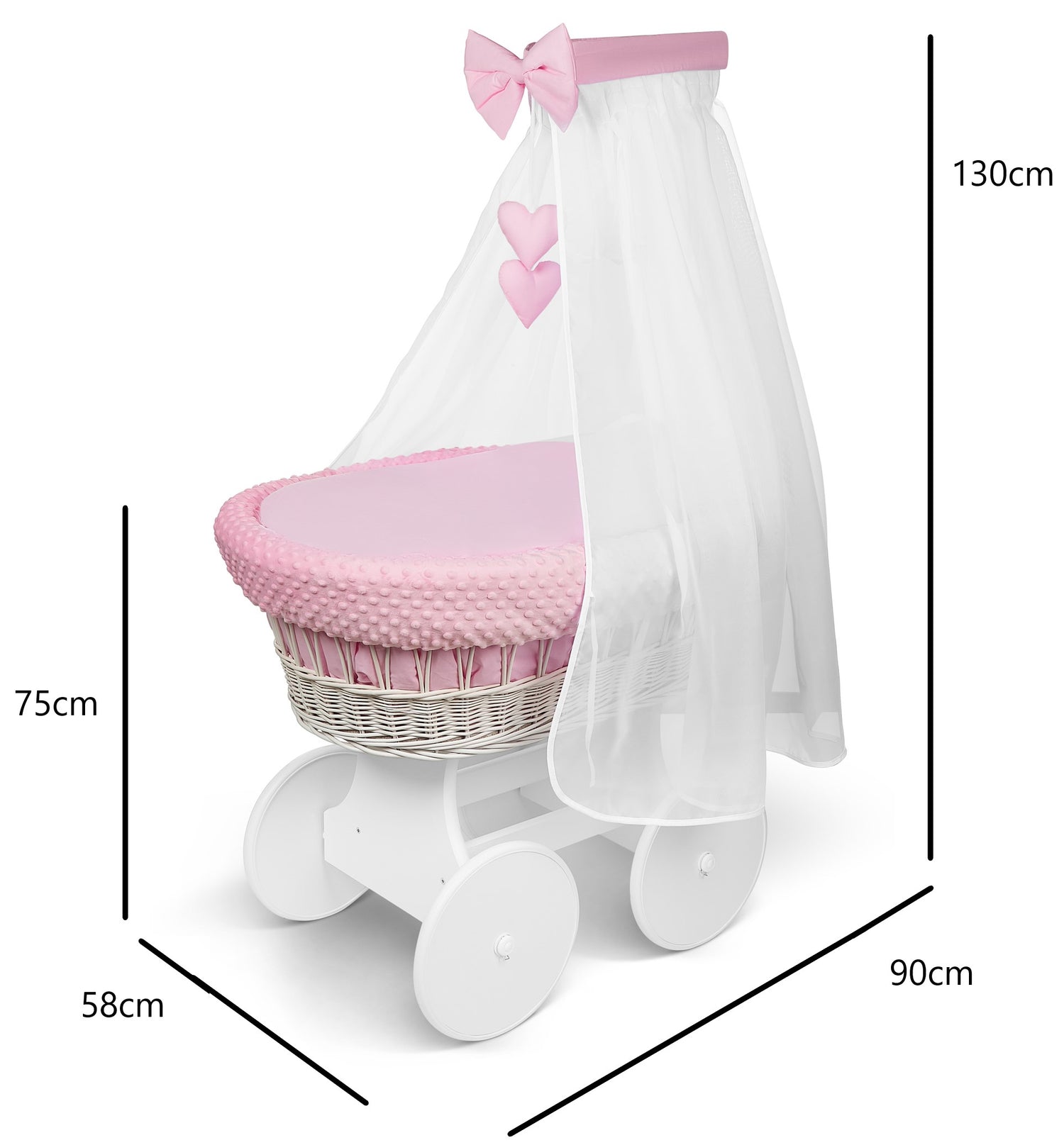 White Wicker Baby Moses Basket with Wheels Pink Bedding