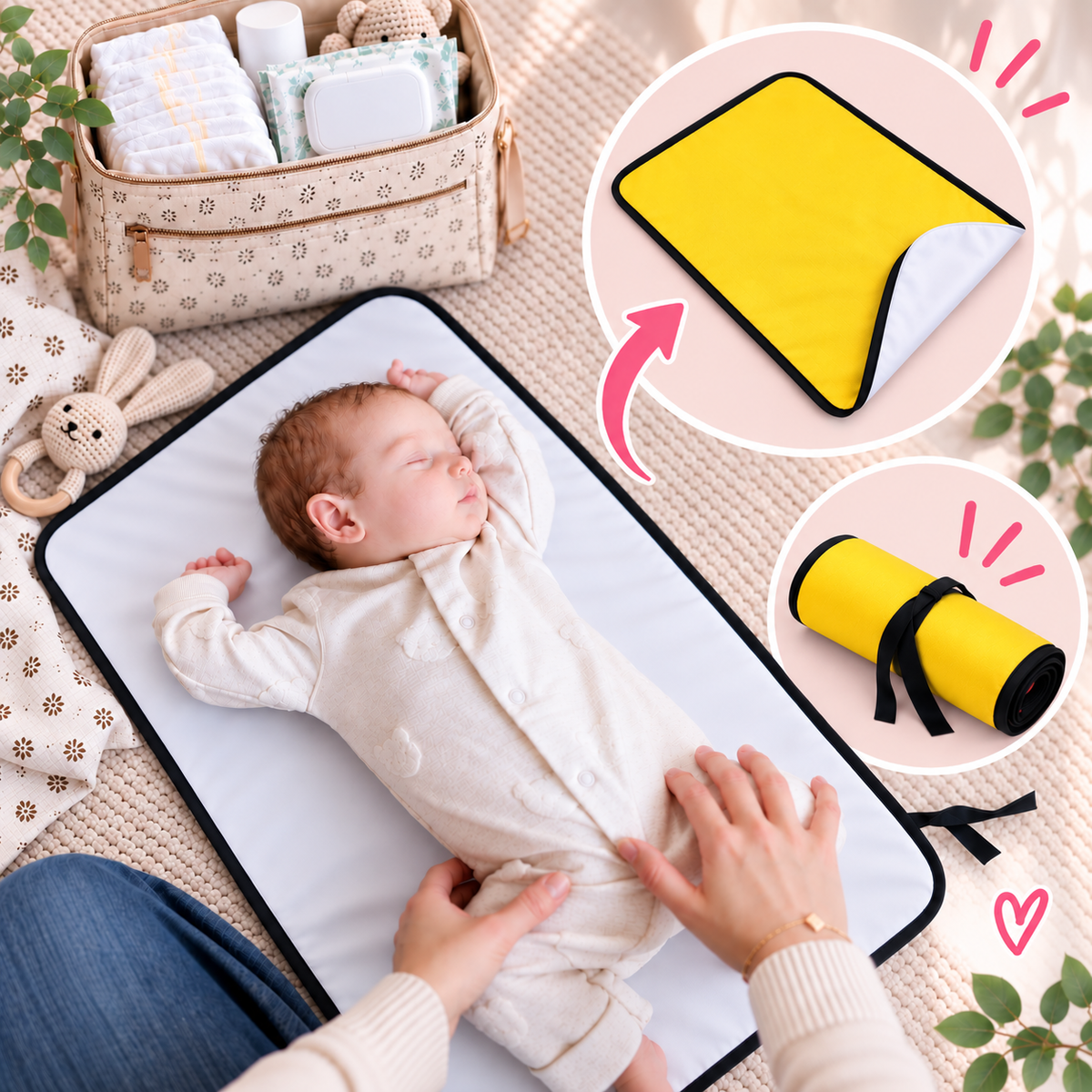 Portable Baby Changing Mat Waterproof, Reversible & Foldable Travel Nappy Changing Pad (Yellow)