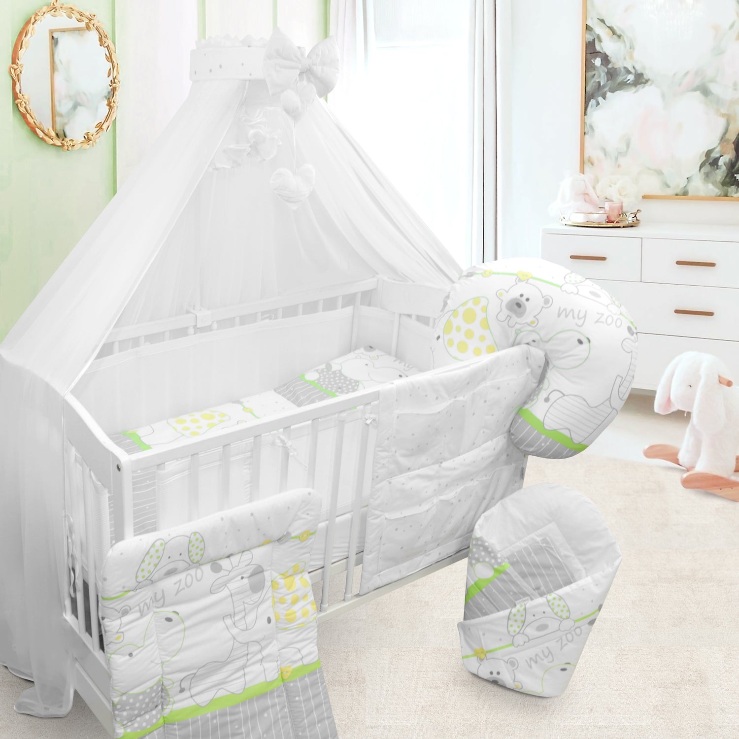 Baby Cot Bedding Set 14Pc Fit Cot 120x60cm Zoo Green