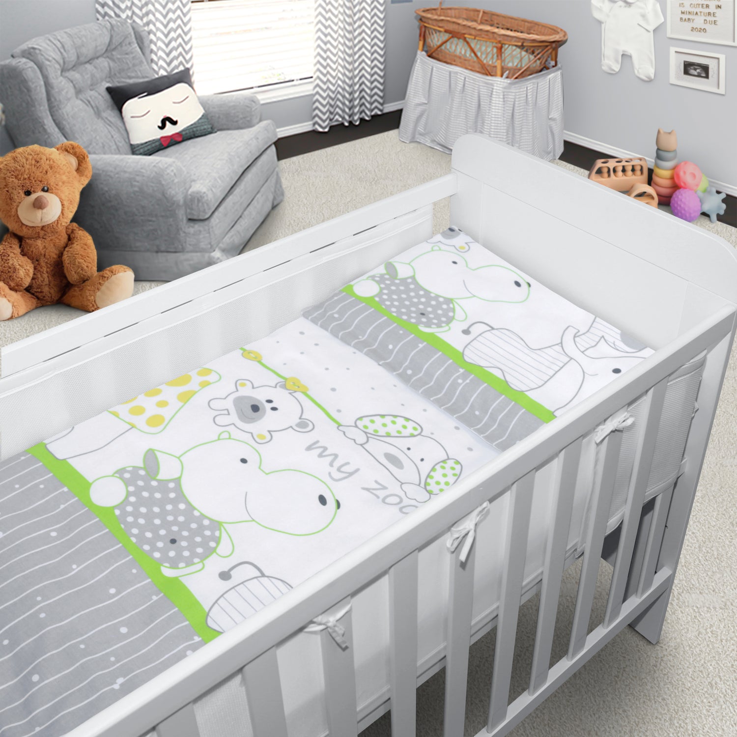 Baby Cot Bedding Set 3Pc Fit Cot 120x60cm Zoo Green