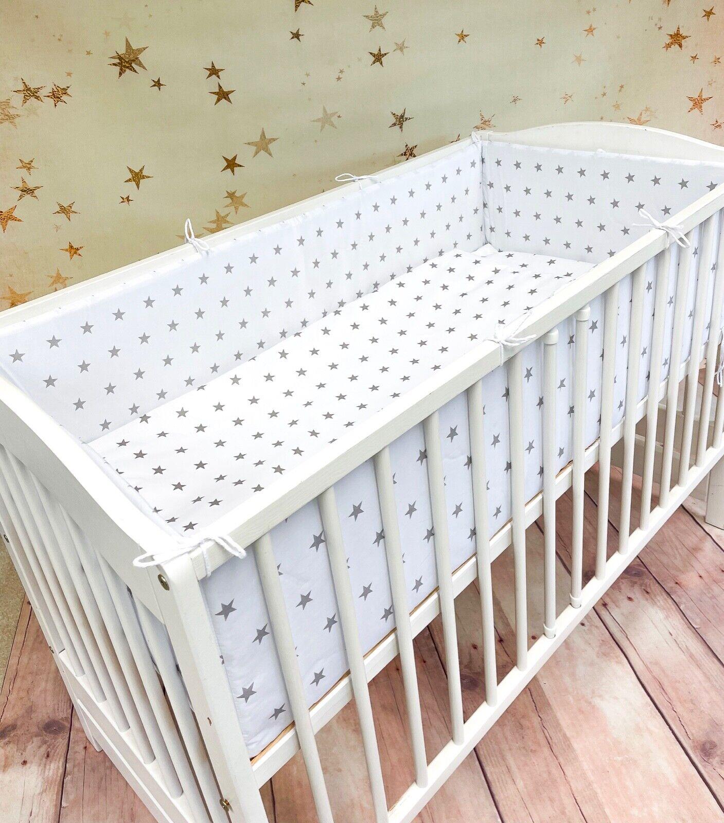 Baby Bedding Set 6pc All-round Bumper Fit Cot 120x60cm 100% Cotton Small Grey Stars With White