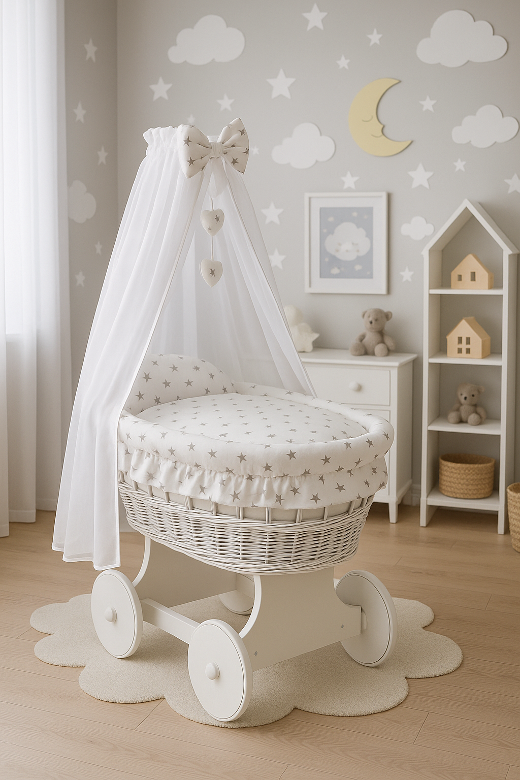 White Wicker Wheels Moses Basket Baby+Full Bedding Set Grey stars on white