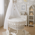 White Wicker Wheels Moses Basket Baby+Full Bedding Set Grey stars on white