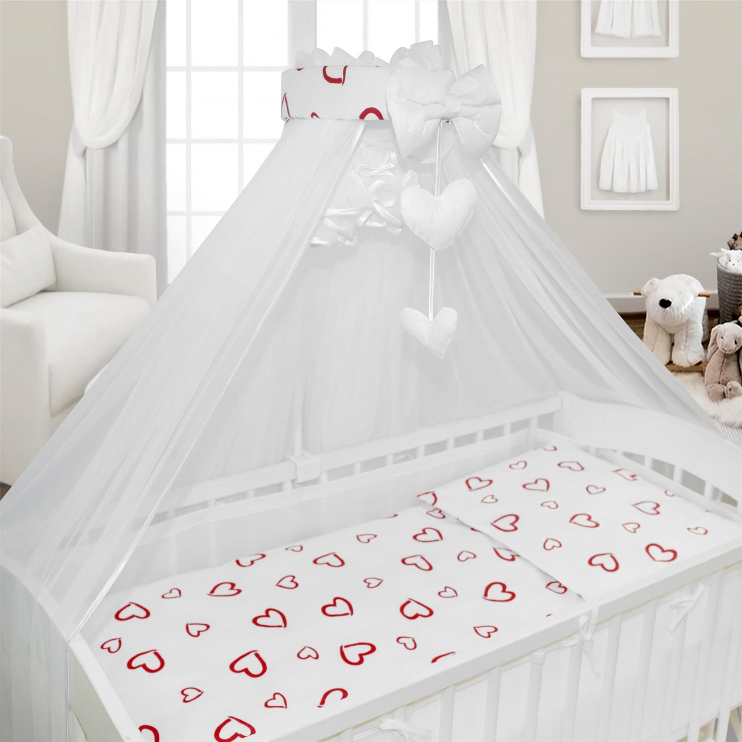 Baby Cot Bedding Set 9pc Fit Cot 120x60cm Red Hearts
