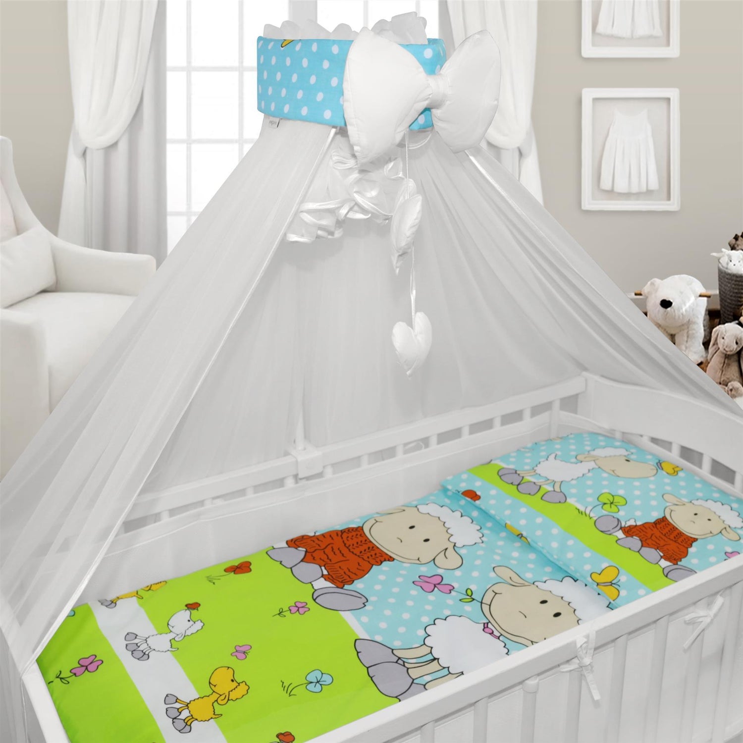 BABYMAM Canopy Mosquito Drape Dressing Net Holder Nursery to Fit Cot Bed Sheep Turquoise