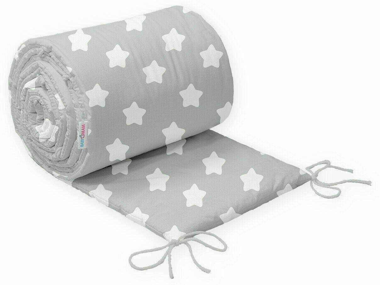 Padded Bumper to fit baby cot bed all round 100% cotton 420cm Big stars with Grey