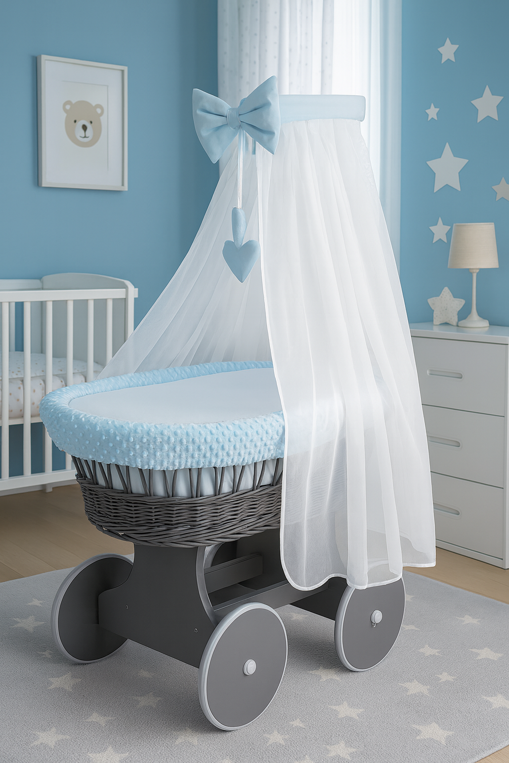 Wicker Grey Wheels Moses Basket Baby Blue