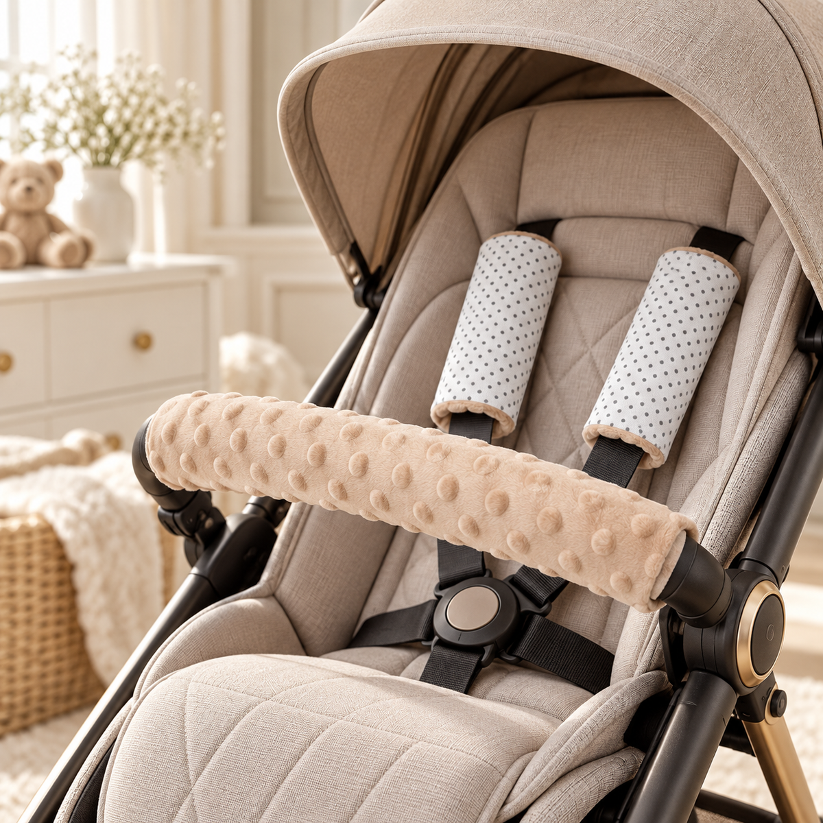 3 Piece Soft Padded Reversible Pushchair Stroller Strap Pads & Bumper Bar Cover Set – Beige/Dots
