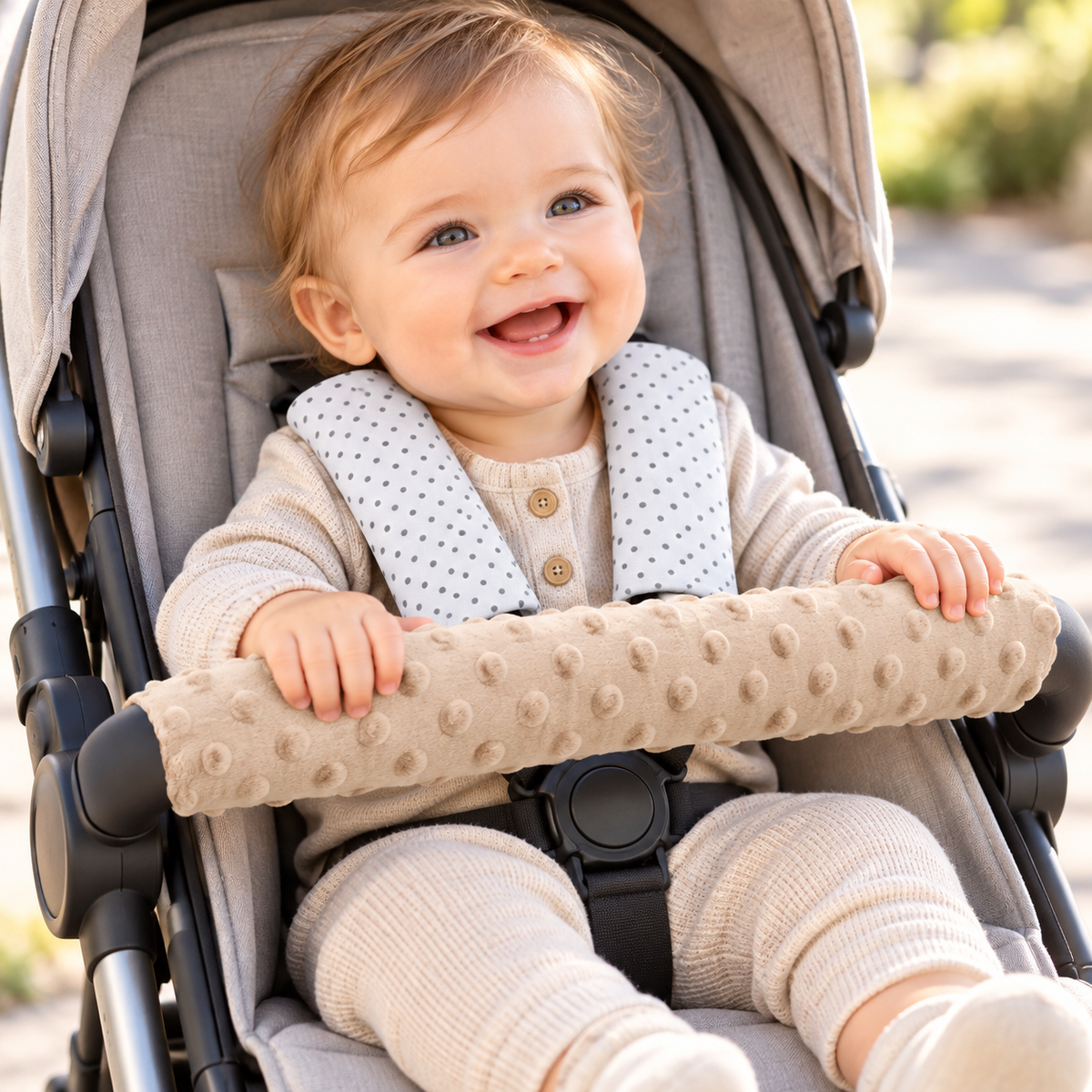 3 Piece Soft Padded Reversible Pushchair Stroller Strap Pads & Bumper Bar Cover Set – Beige/Dots