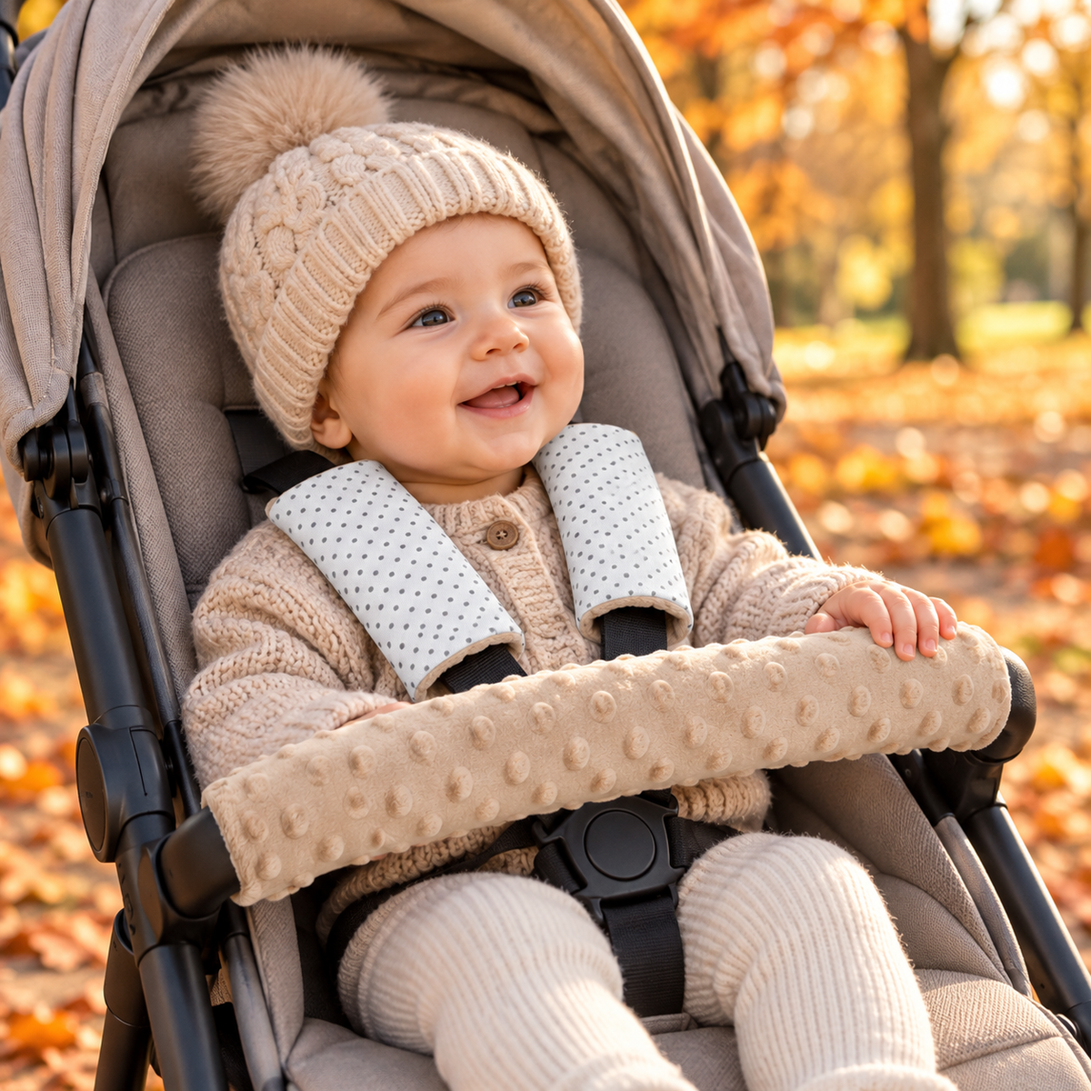 3 Piece Soft Padded Reversible Pushchair Stroller Strap Pads & Bumper Bar Cover Set – Beige/Dots