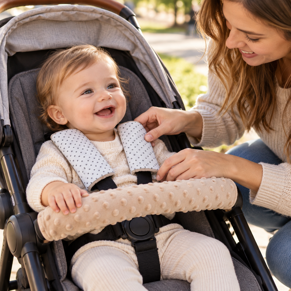 3 Piece Soft Padded Reversible Pushchair Stroller Strap Pads & Bumper Bar Cover Set – Beige/Dots