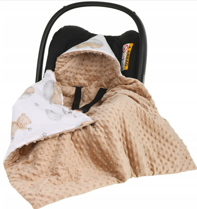 Baby Car Seat Hooded Blanket Double-sided Swaddle Wrap Beige/ Clouds