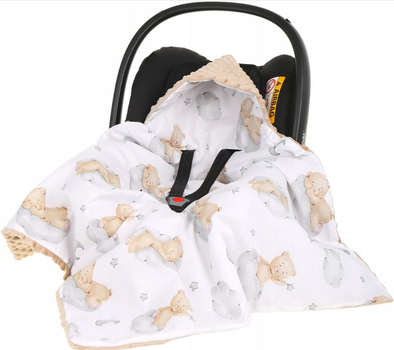 Baby Car Seat Hooded Blanket Double-sided Swaddle Wrap Beige/ Clouds