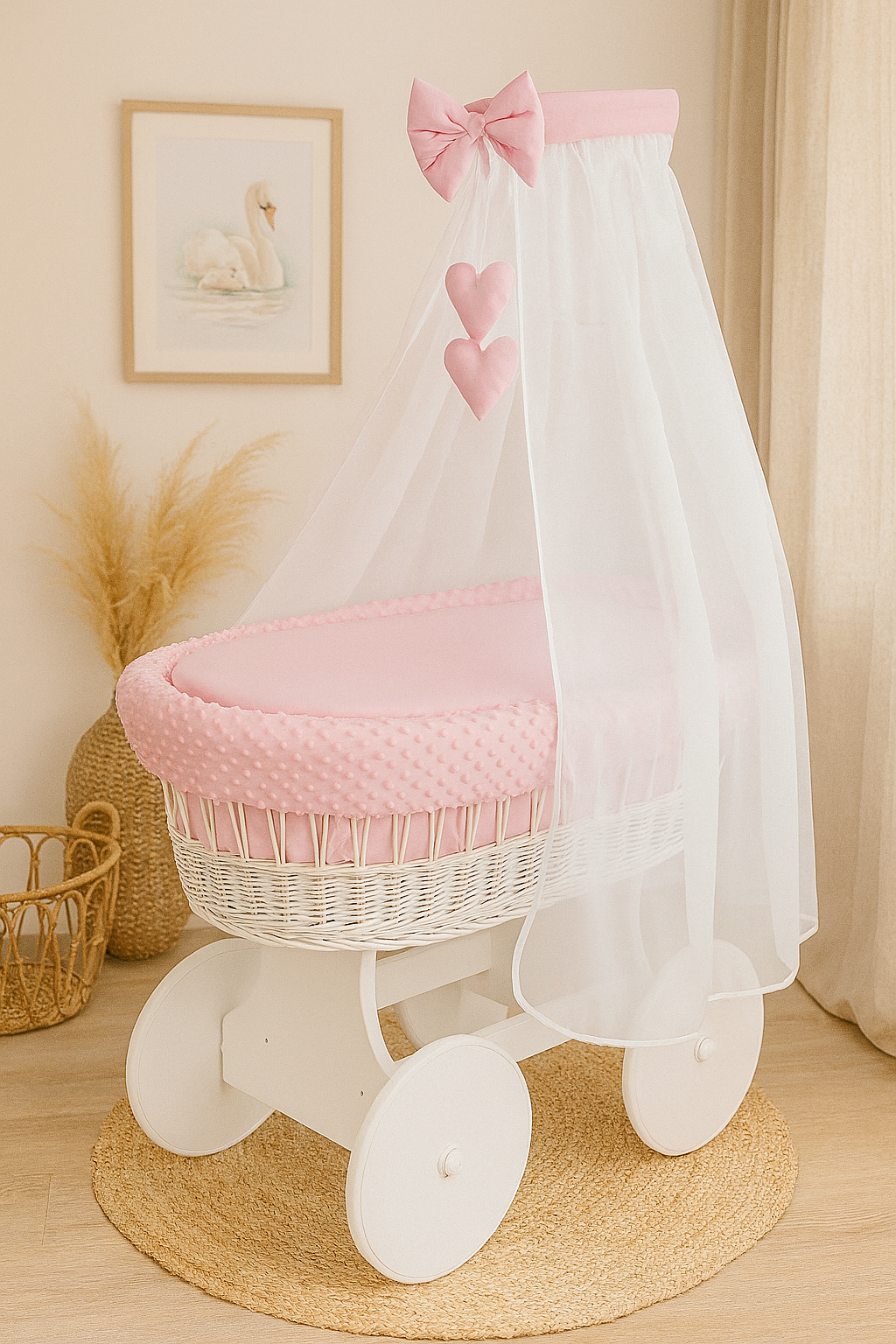 White Wicker Baby Moses Basket With Wheels Pink Bedding MyHappy Baby white-wicker-baby-moses-basket-with-wheels-pink-bedding-myhappy-baby