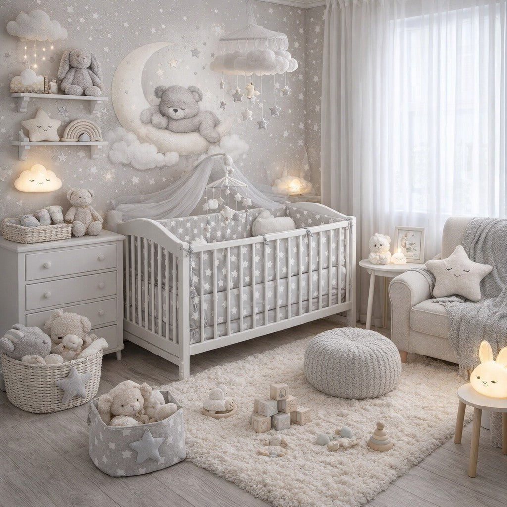 Baby Bedding Set 120x60cm 6pc All-round Bumper Fit Cot 100% Cotton Big White On Grey