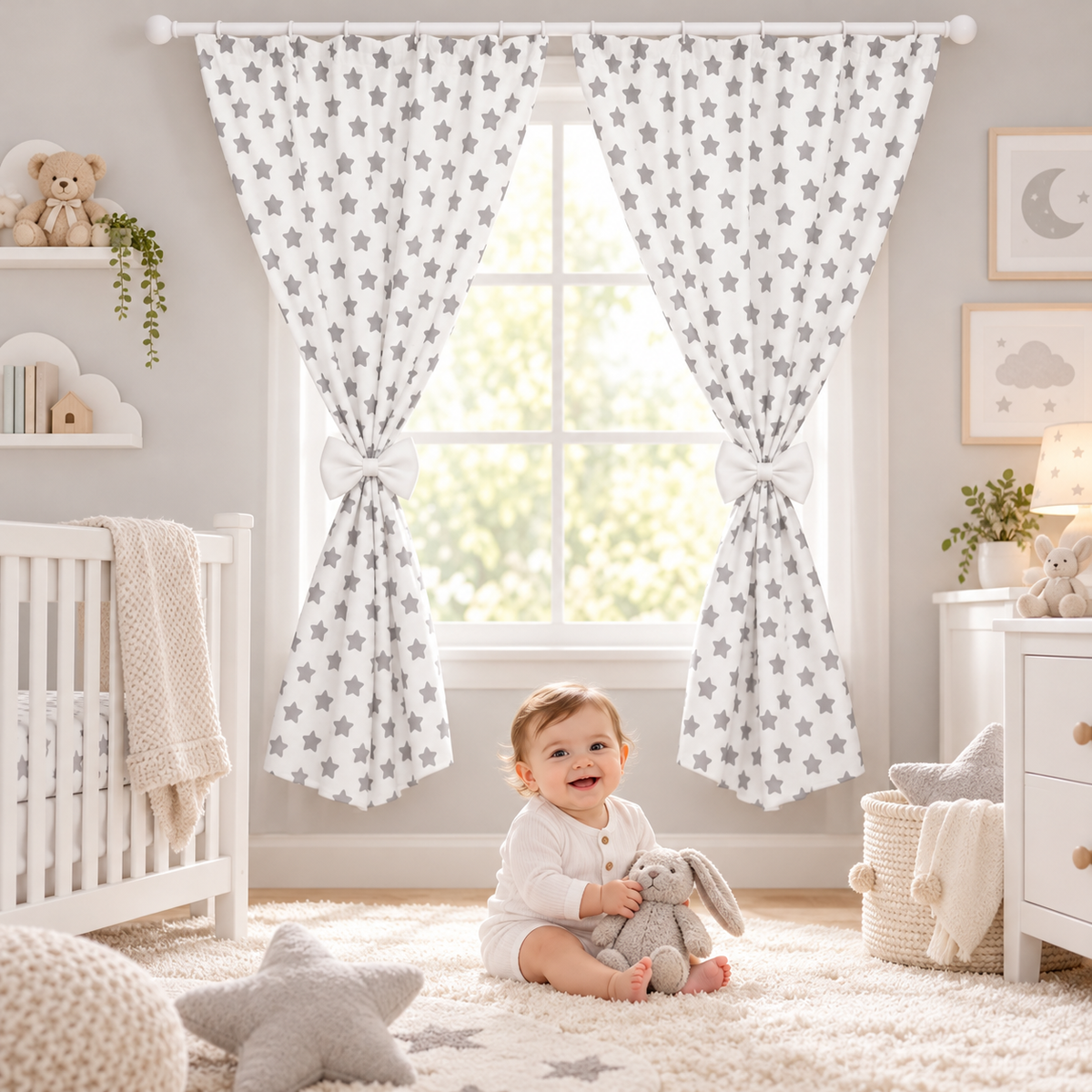 Nursery Curtains for Babies & Toddler's Bedroom Big grey stars on white