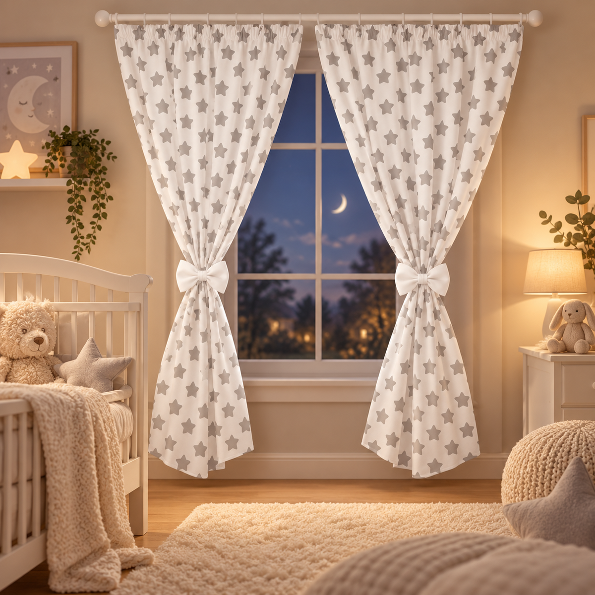 Nursery Curtains for Babies & Toddler's Bedroom Big grey stars on white