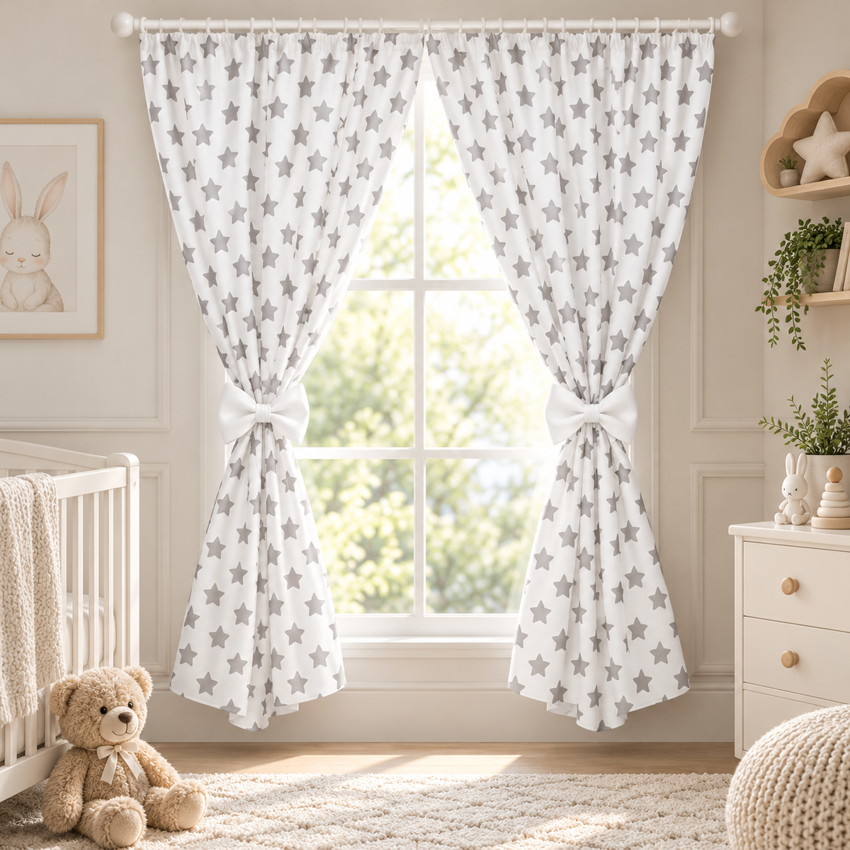 Nursery Curtains for Babies & Toddler's Bedroom Big grey stars on white