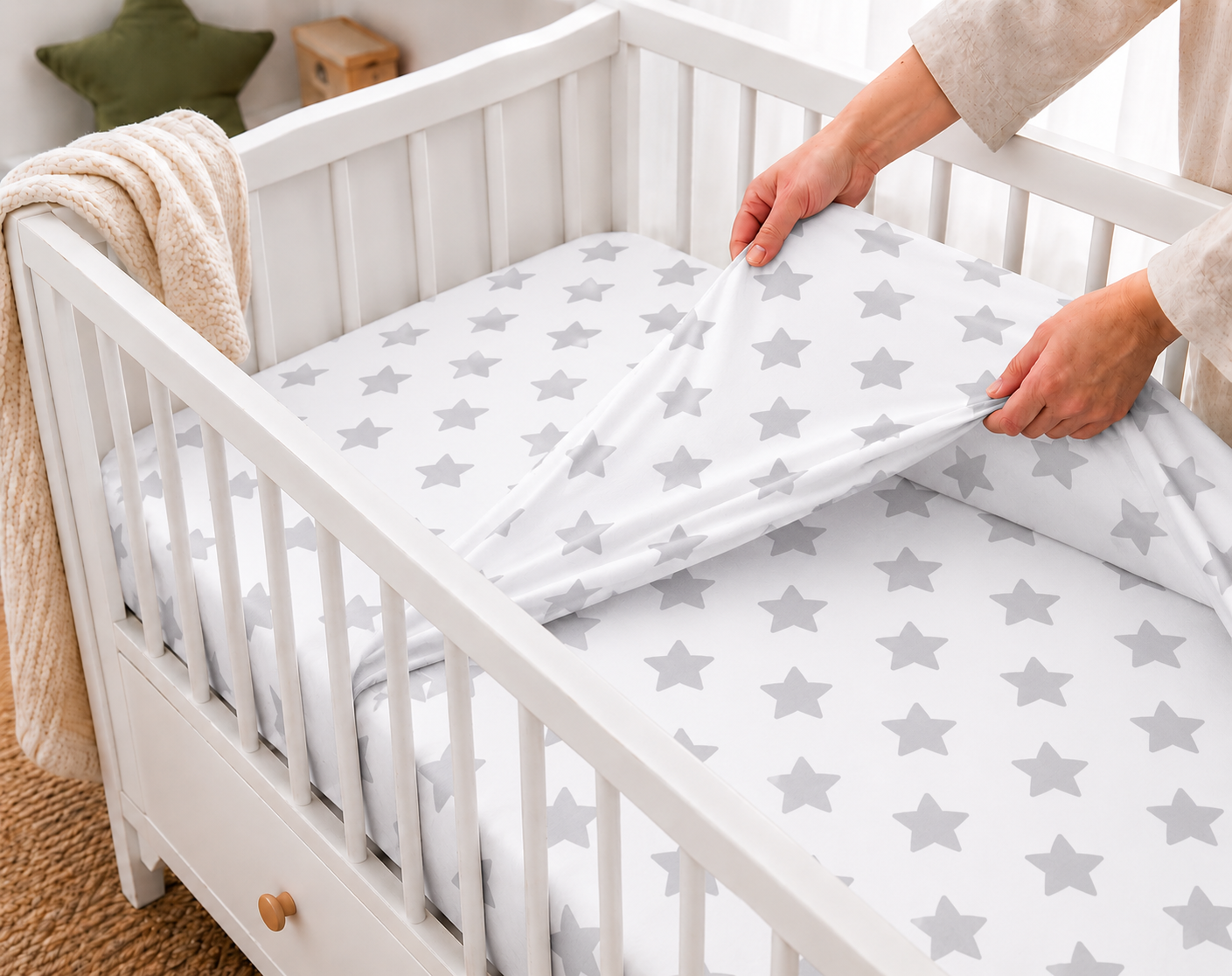 BABY FITTED COT SHEET PRINTED DESIGN COTTON MATTRESS 120x60cm Big stars on white